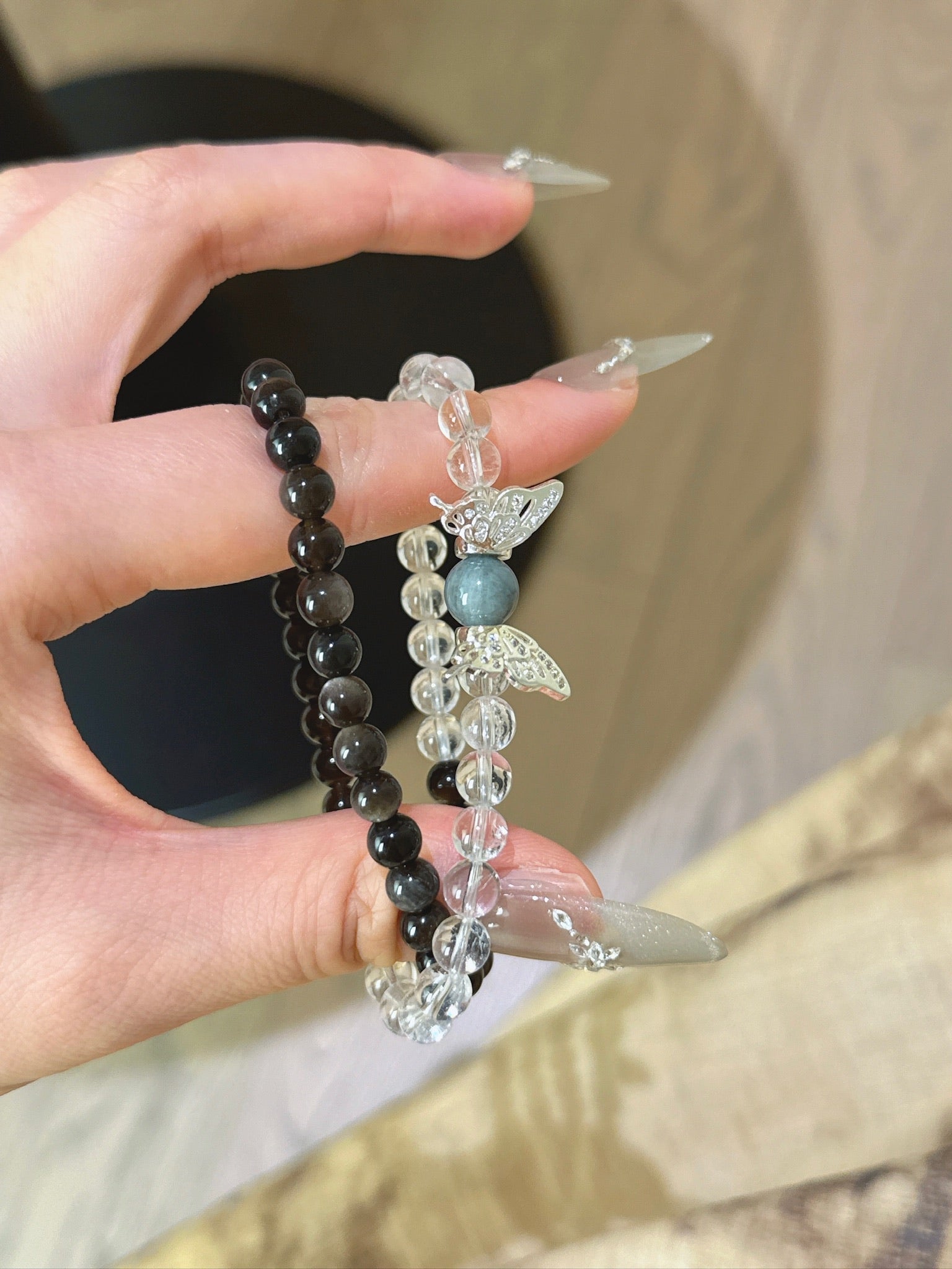 ▫️▪️ White crystal silver obsidian eagle eye stone bracelet
